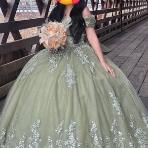 Sage Green Quince/Sweet 16 Gown with Silver Beaded Appliqué